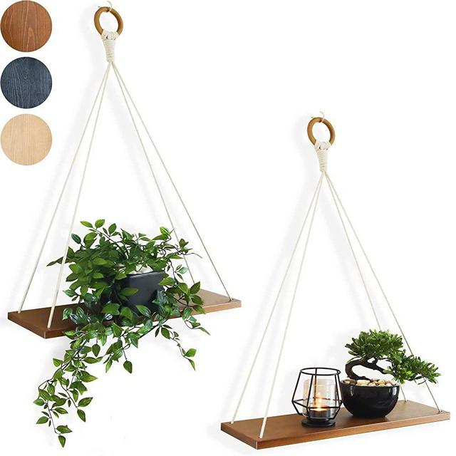 FORESTBARN Hanging Shelves -Set of 2- Floating Shelves for Wall - Boho Wall Decor Shelves - Macrame Wall Hanging Shelf - Plant Shelf - Boho Wall Hanging Shelves - Bedroom Wall Decor - Rope Shelves