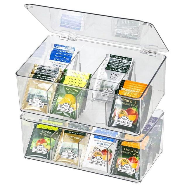 ZEXALOR Plastic Clear Storage Containers, Set of 2 Tea Bag Organizer Boxes 8 Compartments with Lids, Underwear Drawer Organizer, Tie Organizer, Dresser Organizer (10.8×7×3.7")