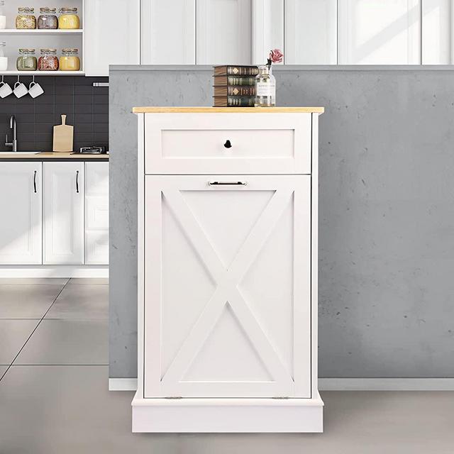 Tilt Out Trash Cabinet,Antique-Style Beadboard Kitchen Island with Solid Wood Tabletop & Drawer, Pet Proof Trash Can, Wood Laundry Cabinet
