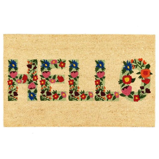 mDesign Rectangular Coir and Rubber Entryway Welcome Doormat with Natural Fibers for Indoor or Outdoor Use - Decorative Script Hello Design - 36" x 22" - Natural/Floral Print