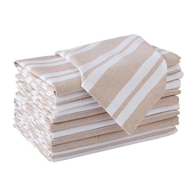 Encasa Cotton Cloth Napkins Set of 12 | Franca Beige Stripes | Size 17x17 in | Machine Washable