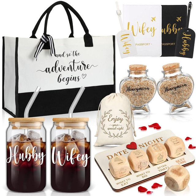 Sunnychicc 16 Pcs Wedding Gifts for Couple Mr and Mrs Honeymoon Gifts Bride Groom Gifts Engagement Gifts Include Glass Date Night Dice Passport Holder Baggage Tags and Jar Tote Bag (Hubby and Wifey)