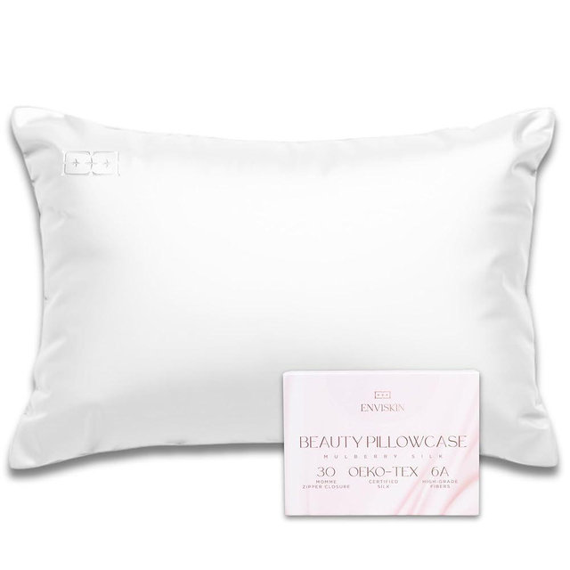ENVISKIN 100% Mulberry Silk Pillowcase Infused with Silver Ions - Pure 30 Momme Grade 6A Fibers for Beautiful Skin and Hair - Cooling Pillow Case Protector with Zipper (Standard) White