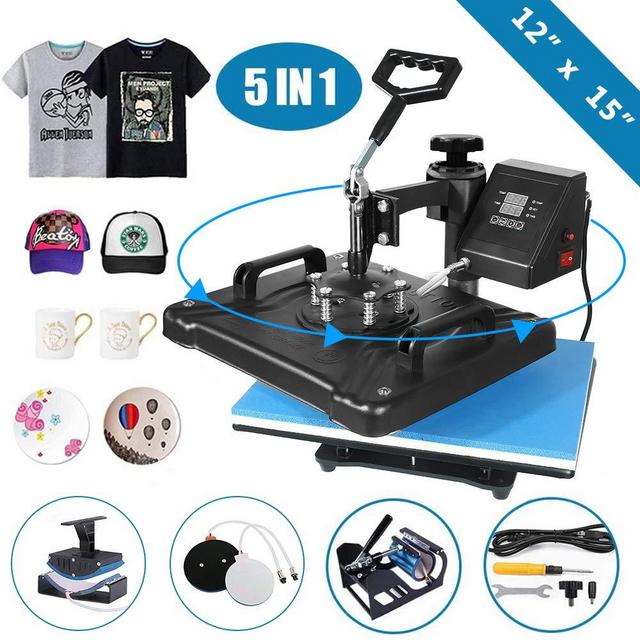 5 in 1 Heat Press Machine 12"x 15" inch Professional Digital Transfer Sublimation Swing-Away for Hat Mug Plate Cap T-Shirt (12"x 15" (5 in 1) Swing Away)