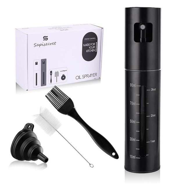 Oil Sprayer for Cooking, Oil Mister for Kitchen with Scale, Oil Spray Bottle for Cooking, Olive Oil Sprayer 304 stainless steel Bottles, Oil Sprayer for Air Fryer, Salad, BBQ, Roasting (Black, 90ml)