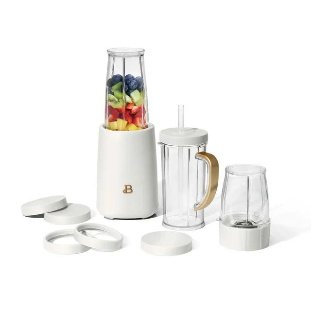Beautiful Personal Blender Set with 12 Pieces, 240 W, 13.5 oz Blending Cup, 16 oz To-Go Travel cup & 6 oz Grinding Cup, BPA-free & Powerful 285 Peak Watt Motor by Drew Barrymore (White Icing)