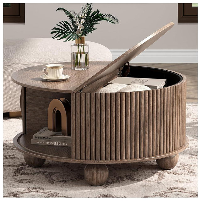 JOINICE Round Coffee Table with Storage, 31.5" Walnut Fluted Drum Center Table, Mid Century Modern Wood Circle Table with Sliding Door & Bun Feet for Living Room