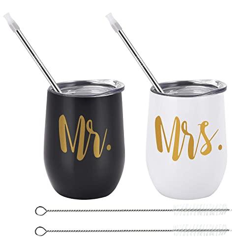 Mr and Mrs Tumblers Bridal Shower Idea for Bride and Groom, 12 Oz Wine Tumbler Wedding Idea for Newlyweds Couples Bride to Be Engagement Honeymoon, Insulated Mr Mrs Wine Tumbler Set, Set of 2
