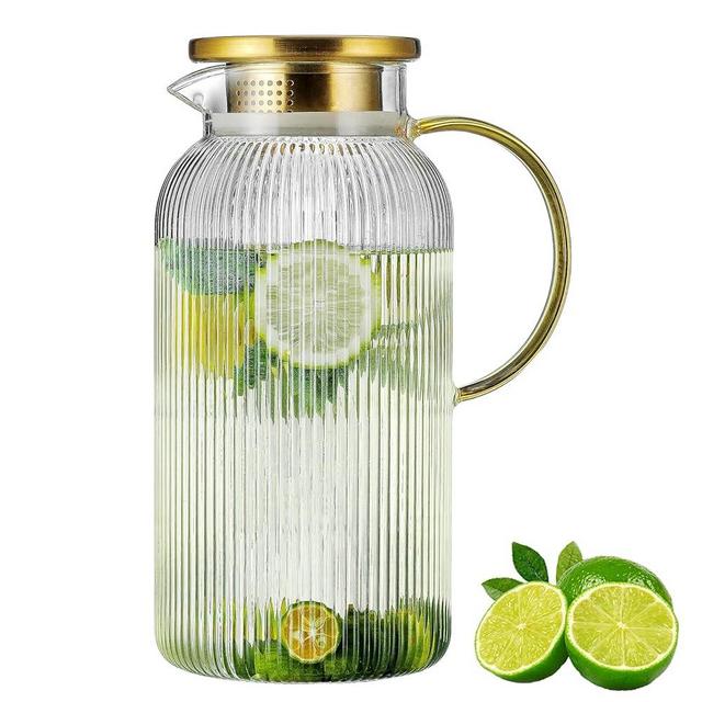 Buaic Glass Pitcher with Lid, 68 oz/2 Liter Classic Vertical Stripes Water Pitcher,Glass Water Carafe for Cold Brew, Coffee, Lemonade, Iced Tea,Beverage, Heat Resistant Water Glass Jug