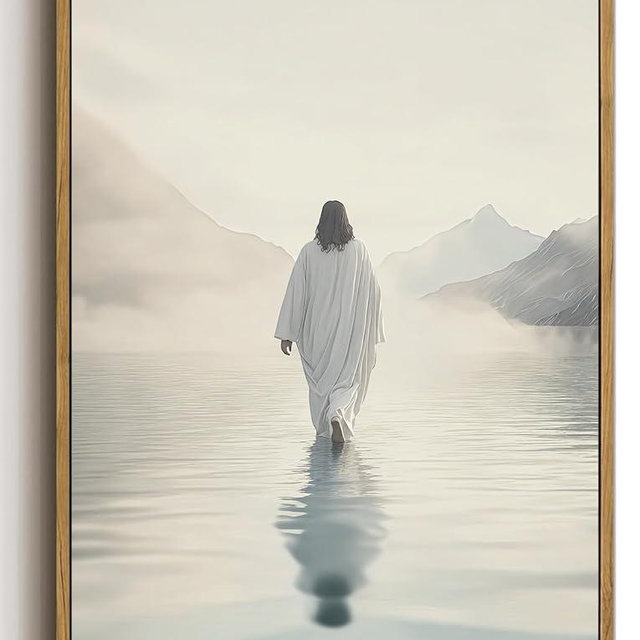 ZZTCYSU Jesus Canvas Wall Art Christian Framed Wall Art Jesus Walking on Water Back Modern Bible Print Religious Faith Artwork Decor for Living Room Bedroom Church 12"x16" Framed