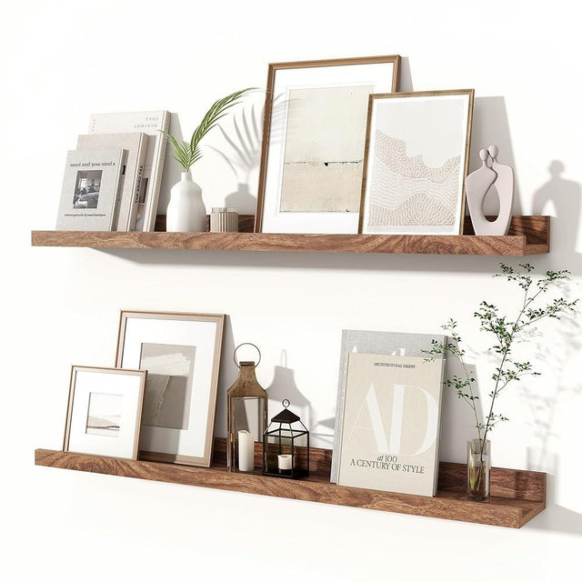Fun Memories Picture Ledge Shelves Set of 2, 32 Inch Rustic Wall Mounted Floating Shelves with Lip for Home Storage and Décor in Bathroom, Kitchen, Nursery, Bedroom, Living Room, Walnut