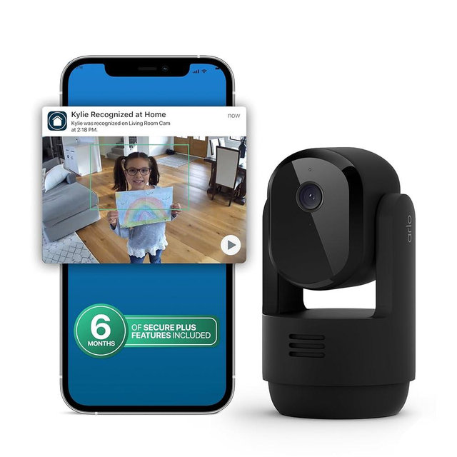 Arlo Essential Indoor Pan Tilt Security Camera 2K (2025 Release) + 6 Months of Secure Plus Plan - Wired Plug-in Power, Person Recognition, Animal Detection, Auto Motion Tracking, 1 Cam, Black
