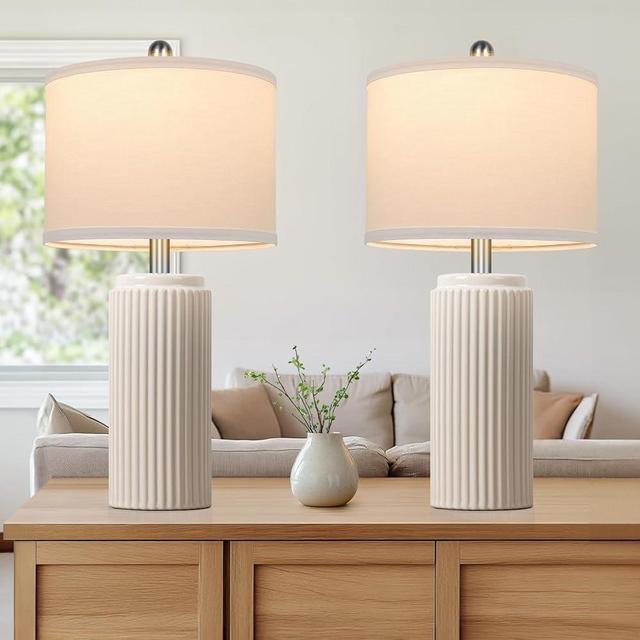 TOBUSA 23.5’’ Modern Ceramic Table Lamps Set of 2 for Living Room, Farmhouse Vintage Bedside Table Lamps with White Linen Shade, Rustic Bedroom Ceramic Lamps for Nightstand Home Office End Table Dorm