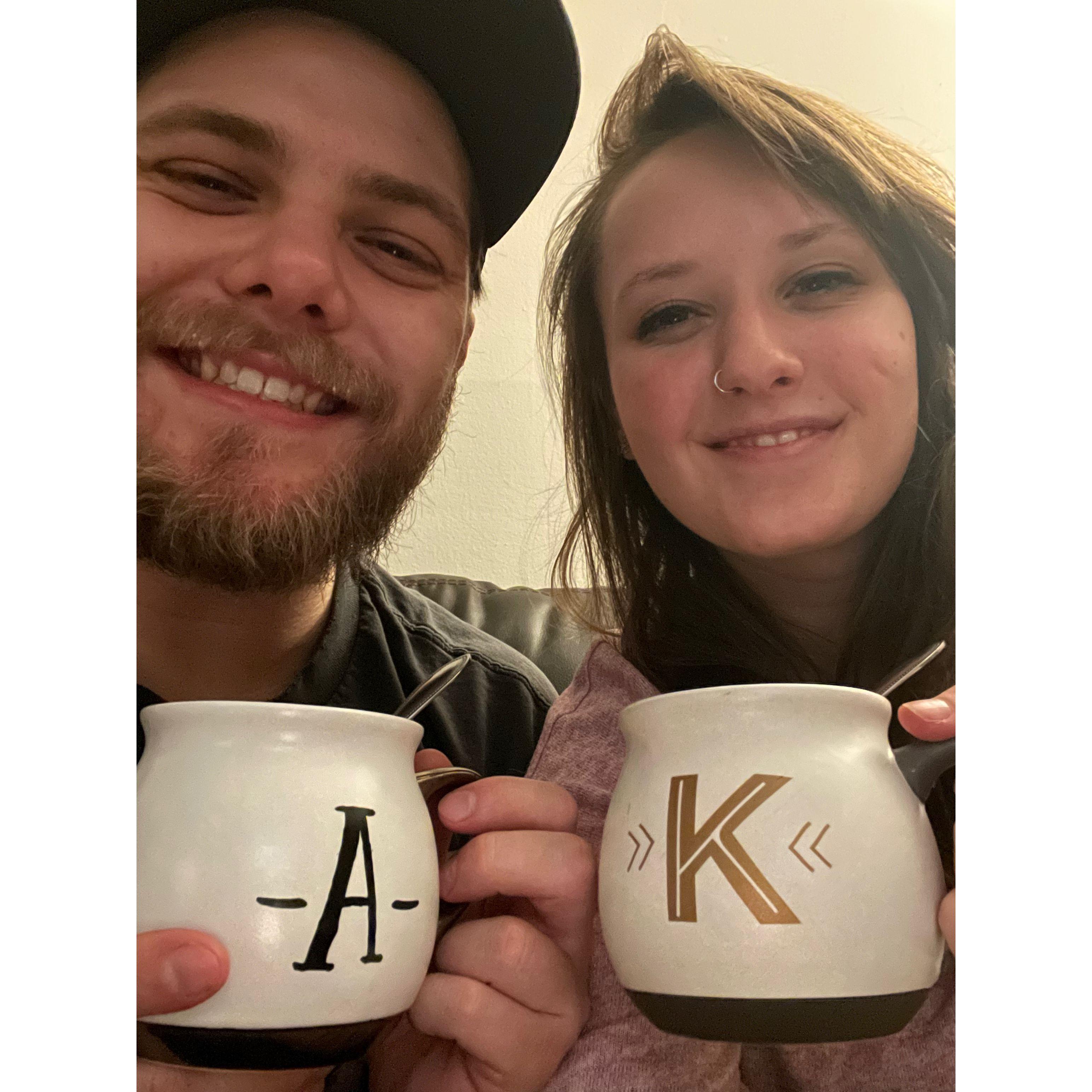 We found matching mugs with our initials and had a hot chocolate date night!