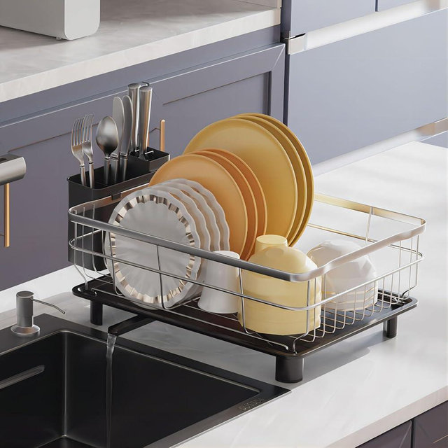 AIDERLY Stainless Steel Dish Drying Rack with Drainboard Dish Drainers for Kitchen Counter Sink Adjustable Spout Dish Strainers with Utensil Holder and Knife Slots, Black
