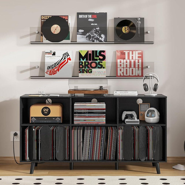 Oubayajia Large Record Player Stand, Vinyl Record Storage Holder, Record Player Table with Power Outlet, Record Storage Turntable Stand Record Stand Table (BLACK, 55.11''W)