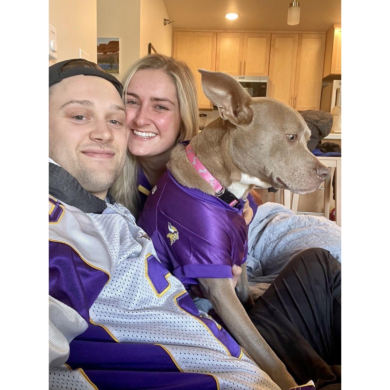 One of our first dates watching Sunday football and Brad trying to convince Morgan to become a Vikings fan!
