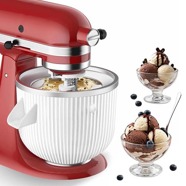 Ice Cream Maker Attachment for KitchenAid Mixers, Fits KitchenAid 4.5/5QT & 6QT Mixers, Frozen Ice Cream & Sorbet Gelato Maker for KitchenAid, 2 Quart, White(Machine/Mixer Not Included)