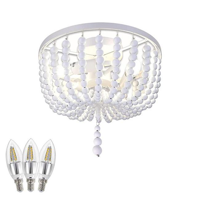 OOWOLF Beaded Ceiling Light 12.6in Flush Mount Ceiling Light, 3-Light Wood Beaded Chandelier, Boho Ceiling Light White Finishing Fixtures Light Baby's Nursery Lighting for Bedroom Entryway Hallway