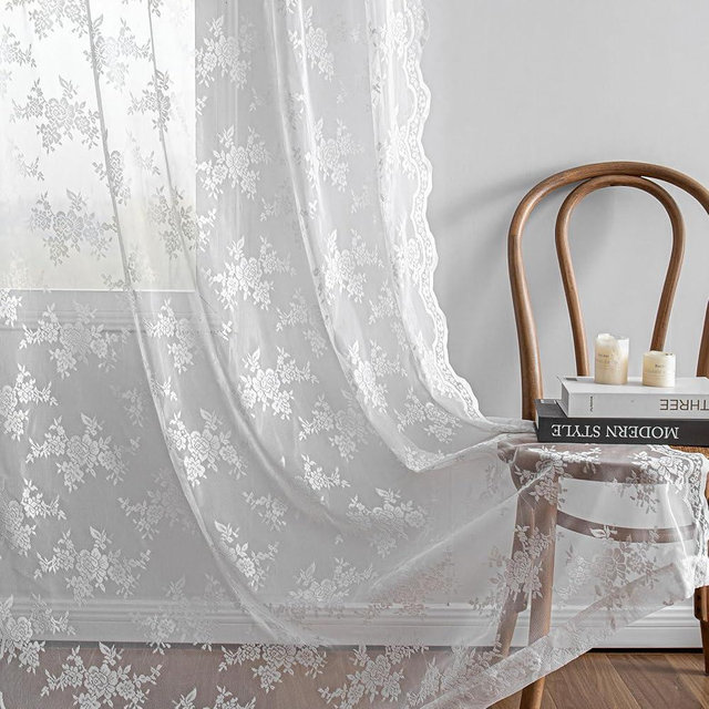 MEETSKY White Lace Sheer Curtains 84 Inches Long 2 Panels Set for Living Room Bedroom Vintage Victorian Scalloped Edges French Elegant Back Tab Rod Pocket Light Filtering Drapes, 50" Wide Each Panel