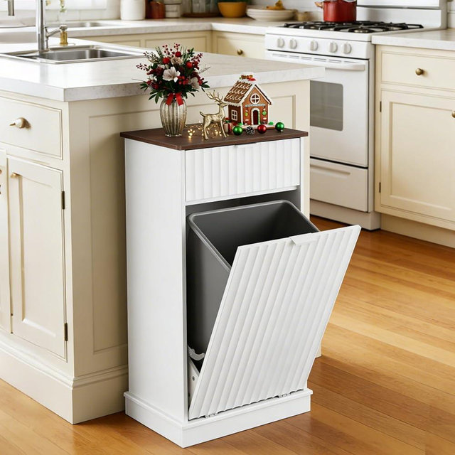 WLIVE 10 Gallon Tilt Out Trash Can Cabinet, Pet Proof Hidden Trash Can Cabinet with Storage, Wooden Laundry Hamper for Kitchen, Home, Laundry (White)