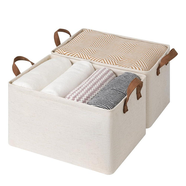 StorageWorks Storage Bins, Shelves Baskets for Organizing, Large Fabric Closet Organizers with Handles, Metal Frame, Beige（Cotton-linen）, 2-Pack