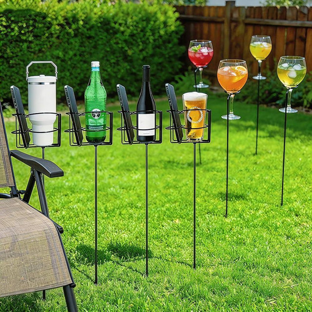 QCF Cup Holder Stake Set of 8, Outdoor 4 Drink & Phone Holder and 4 Goblet Can Stick, Heavy Duty Metal Decorative Ground Accessories for Yard Lawn Beach Garden Campfire Camping Fishing, Gifts for Man