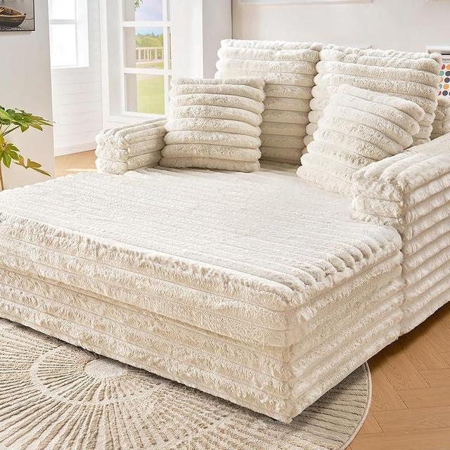 VanAcc 53 Inch Chaise Lounge Indoor, Upholstered Sofa Bed with Throw Pillows and Armrests, Sleeper Chair- Plush Chair Bed for Living Room, Off-White