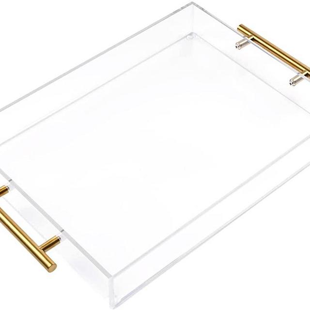 11"x14" Clear Acrylic Serving Tray with Golden Handles, Huge Capacity Sturdy Acrylic Tray for Coffee, Juice, Kitchen and Desk Organizer, Storage Tray (11"x14")