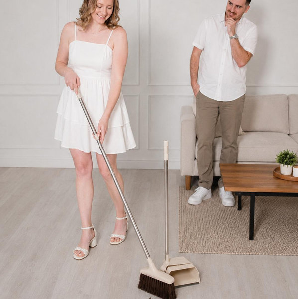 Broom and Dustpan Set with Long Handle, Light Weight Stainless Steel Poles Stand Upright Dustpans with Broom Combo for Home Kitchen Office Pet Dog Hair, Brown & Beige Color, 1-Pack