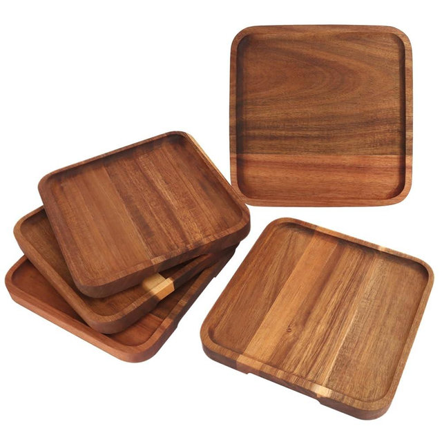 GNIEMCKIN Wooden Serving Platter, 8 x 8 Inch, Set of 5, Acacia Wood Tray, Perfect for Serving Charcuterie, Appetizers, Desserts, Dips, Sushi, Parties, Family Gatherings, Weddings, and Home Decor
