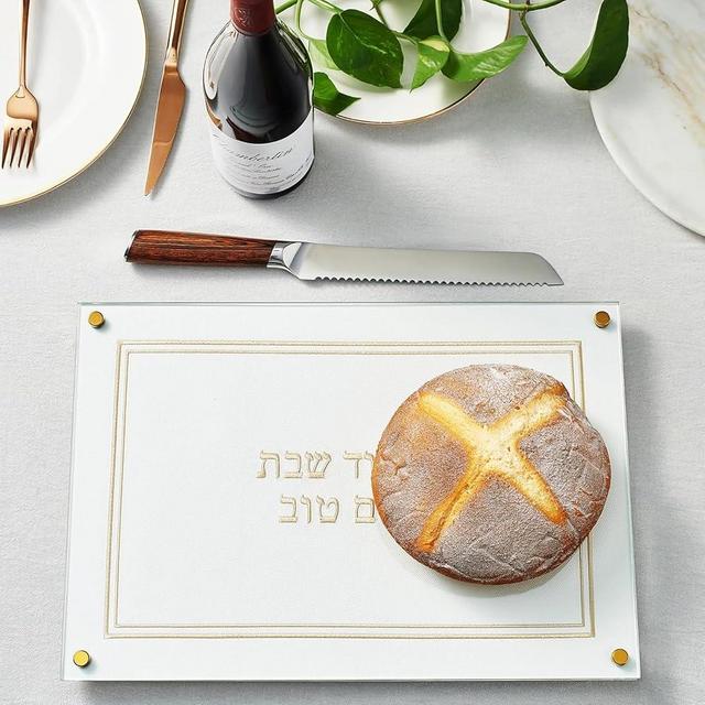 Lucite Challah Bread Cutting Board for Shabbat, Yom Tov - White & Gold Chalah Board with Embroidered Leatherette, Scratch Proof Acrylic and Glass Top & Non-Slip Pads - Challah Bread Platter (Gold)