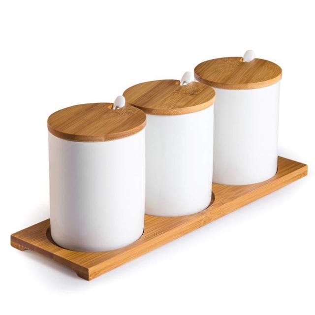Ceramic Sugar Bowls with Bamboo Lids and Spoons-June Sky Muti-Functional Round Condiment Jar for Home- Spice Storage Canister,10.8 oz 320 ML,3 Pcs Set
