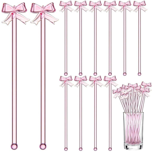Tessco for you 12 Pcs Pink Bow Swizzle Sticks Glass Cocktail Swizzle Sticks Coffee and Cocktail Stirrers for Bachelorette Coquette Birthday Girly Ribbon Party(Bow)