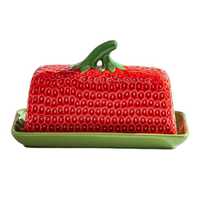 CWFutwell Strawberry Butter Dish with Lid, Ceramic Unique ButterDish, Large Kitchen Strawberry Butter Holder, Serving Tray with Cover, Butter Storage Container, Holds 1 Stick (Red, Large)