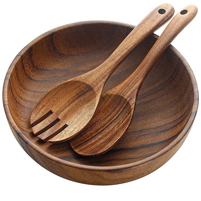 AOOSY Wooden Salad Bowls, Large Acacia Wood Salad Serving Bowl with Serving Tongs, 9.3" D x 2.8" H Round Bowls Set for Mixing Fruits Cereal Pasta