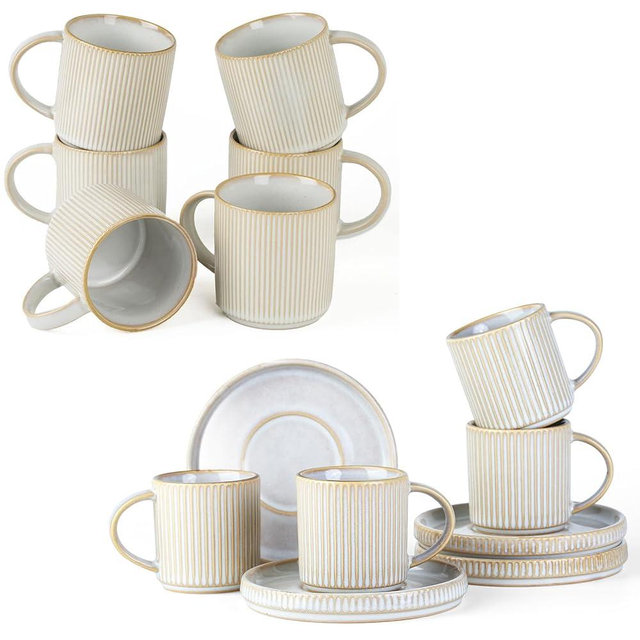 famiware Star Coffee Mug Set for 6 (12 oz) - Espresso Cups and Saucers Set of 4 (3 oz) - Star Stoneware Cups - Cappuccino White