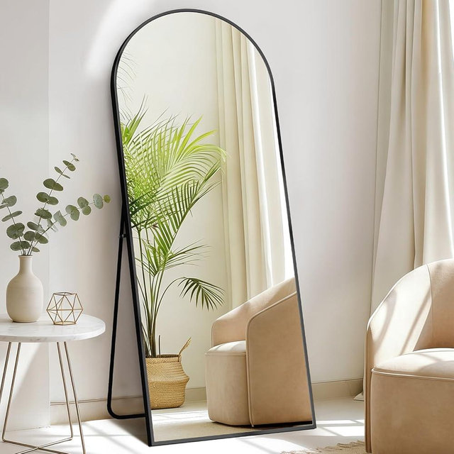 DUMOS Arched Full Length Mirror with Stand Floor Standing Aluminum Frame for Bedroom Body Hanging Leaning Modern Simple Home Decor Shatter-Proorf Nano Glass Wall Living Room Cloakroom Black 56"x21"