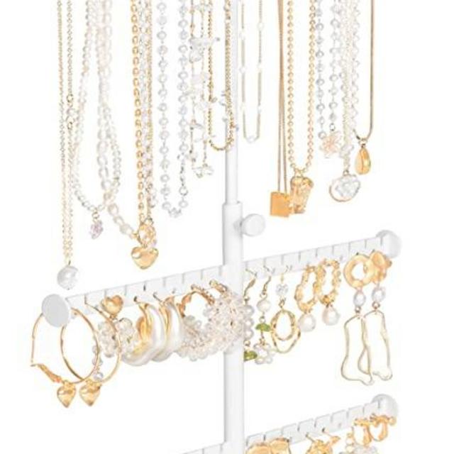 Jewelry Organizer Stand, 3 Tier Necklace Tree Holder, Adjustable Height Jewelry Earring Display Towers, Long Necklaces Earrings Bracelets Jewelry Storage Rack for Dresser Bathroom Vanity Countertop