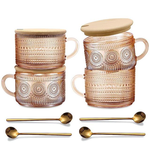 JVJRFQ Amber Vintage Glass Coffee Mugs, 14 Oz Set of 4 with Bamboo Lids and Spoons, Embossed Glassware Tea Cups for Breakfast, Dessert, Cappuccino, Latte, Cereal, Yogurt, Beverage Hot/Cold, Milk