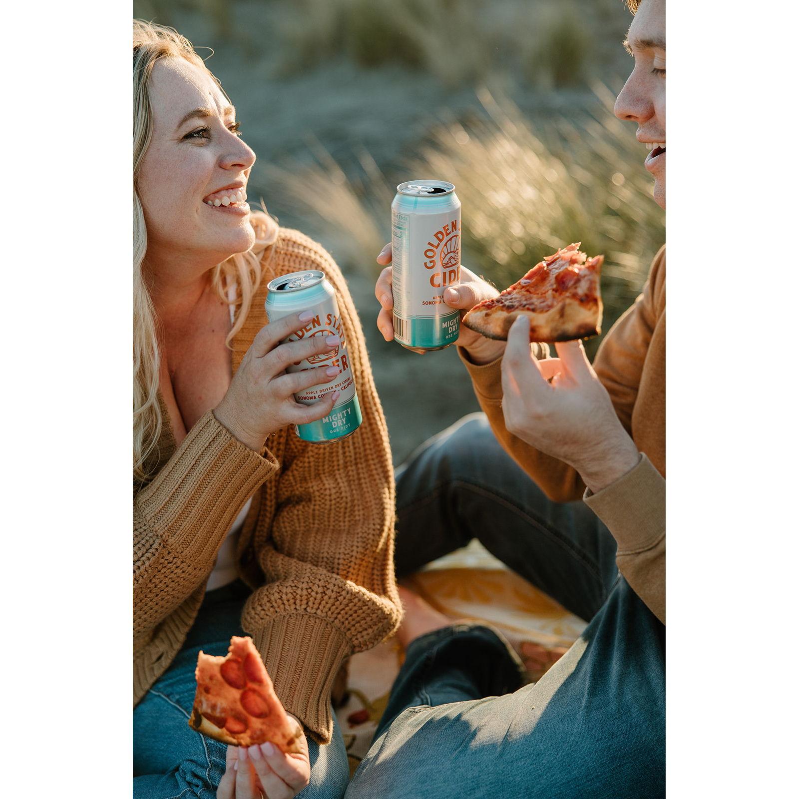 Eating one of our favorite Sonoma County pizza (Mambos) paired with our go to Golden State Cider.