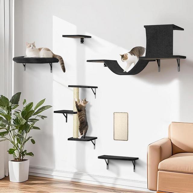 Cat Wall Shelves, Stable Safe 6 in 1 Cat Furniture Set Black, Wooden Climbing Wall with Scratching Post, Wall-Mounted Shelves & Play System