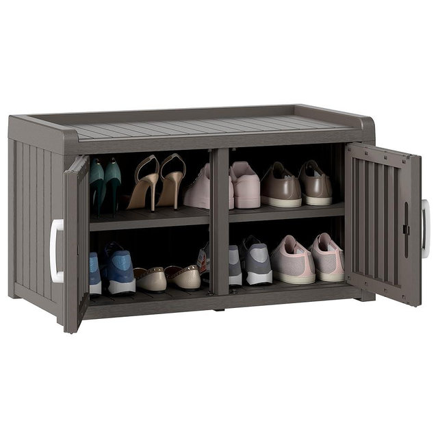 NBYSGO 2-Tier Storage Bench, Waterproof UV-Resistant Outdoor Shoe Storage Cabinet with 2 Doors & Adjustable Shelves for Indoor Outdoor Entryway, Hallway, Living Room (Grey)