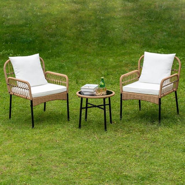 Wicker Patio Outdoor Bistro Fruniture Small Rattan Chairs Conversation Sets Boho rattan Furniture Set of 3 with White Cushions Glass Coffee Table, for Yard Backyard Lawn Porch Poolside Balcony