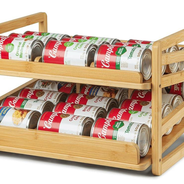 Aclema Bamboo Rolling Can Organizer for Pantry, Stackable 2 Tier Canned Food Organizer Rack for Storage, Kitchen Cabinet, Can Holders Dispensers for Pantry Up To 27 Cans