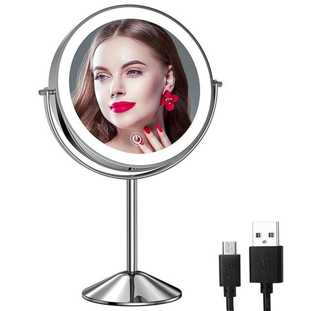 Gospire 8 Inch Lighted Makeup Mirror 1X/10X Magnifying LED Makeup Mirror 3 Color Dimmable Lighting Modes Rechargeable Cordless Cosmetic Mirror with Touch Control Vanity Mirror 360° Rotation (Chrome)