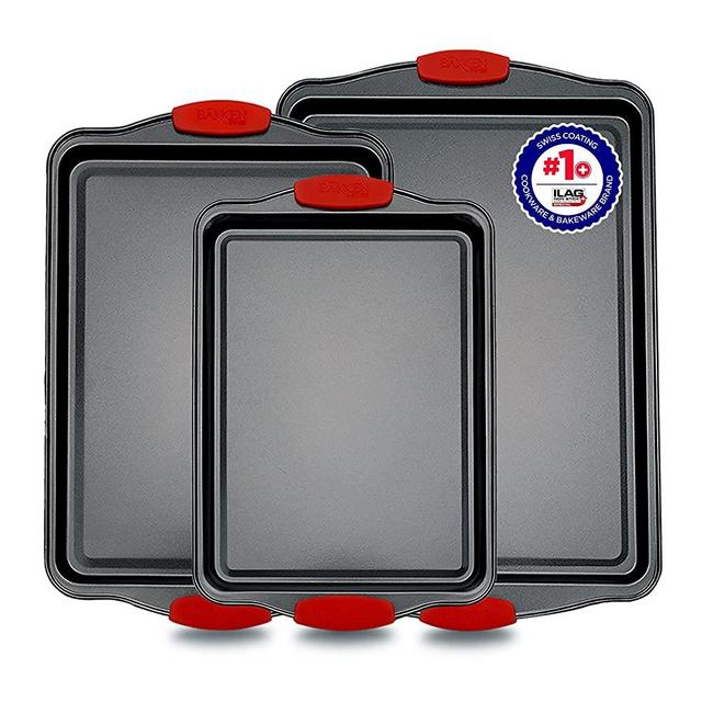 Baking Pan Set – 3 Piece Cookie Sheet – Deluxe Black Non-Stick Carbon Steel – Silicone Handles – Commercial Grade Restaurant Quality – PFOA PFOS and PTFE Free by Bakken
