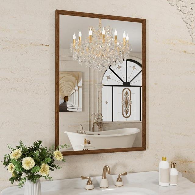 WEER Walnut Bathroom Mirror 24x36 Inch, Walnut Wood Grain Framed Mirror, Rectangle Wall Mounted Bathroom Vanity Mirror with Tempered Glass, Hangs Vertically or Horizontally, Anti-Rust