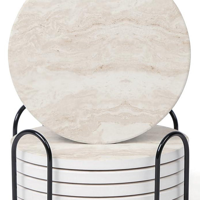 Hoomey Set of 6 Light Beige Abstract Onyx Marble Coasters with Holder, Absorbent Ceramic Drink Coasters for Table Protection, Coffee Table Decor