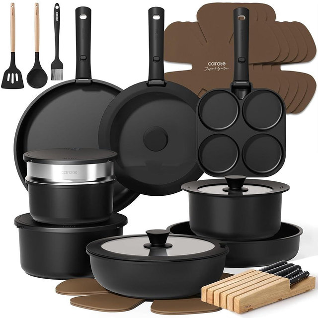CAROTE 33pcs Pots and Pans Set Non Stick, Cookware Set, Removable Handle Pots and Pans Nonstick, RV Oven Safe Cookware, with Kitchen Knife Set, Black